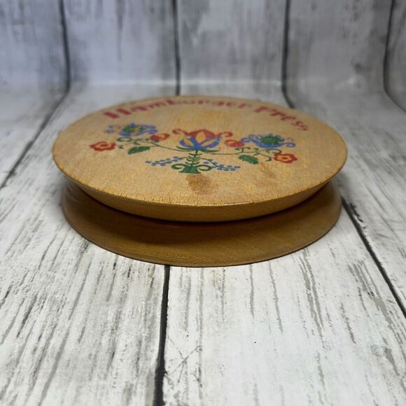 Vintage Wooden Hamburger Press Floral 5 3/4" Round Hand Painted - Picture 3 of 6